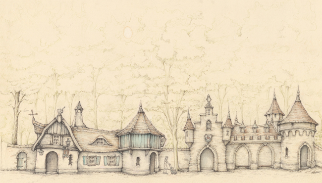 Herberg Ersteling en het kasteel van Sneeuwwitje, getekend door Henny Knoet.