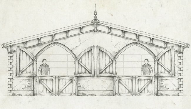 Schets  van het nieuwe Koetshuys in het IJspaleis Schets  van het nieuwe Koetshuys in het IJspaleis