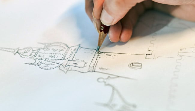 Schets van de kasteeltoren sprookje de zes Zwanen