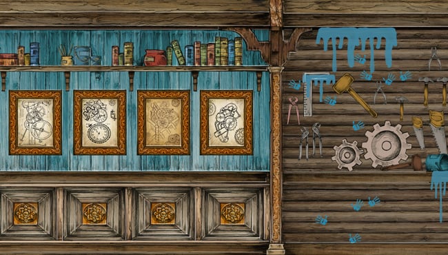 Schets van de wand met gereedschap en patenten bij de baan van Max.