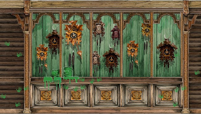 Schets van de wand vol klokken bij de baan van Moritz