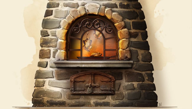 Schets door Efteling-ontwerper Jeroen Verheij van de buitenoven van Frau Boltes Küche.