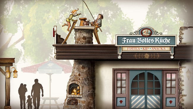 Schets door Efteling-ontwerper Jeroen Verheij van Max en Moritz bij Frau Boltes Küche.