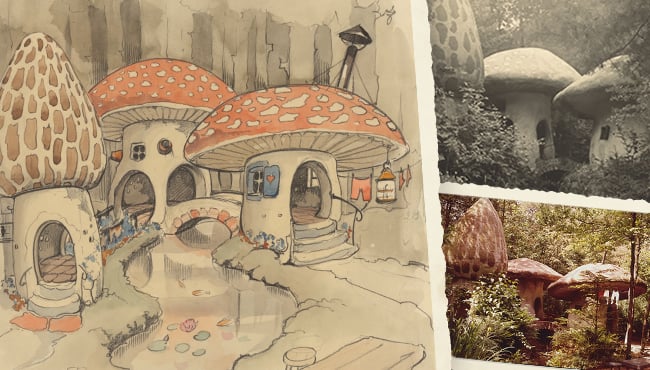collage van de nieuwe schets van het paddenstoelendorp en foto van hoe het paddenstoelendorp er in de beginjaren uitzag