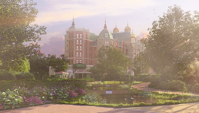 Visual van het Eiland van de Vijf Zintuigen in de Efteling met op de voorgrond een aantal waterpartijen en planten en op de achtergrond het Efteling Grand Hotel.
