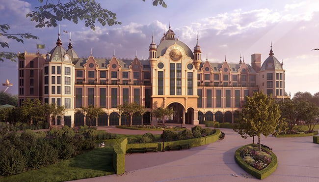 Visual van het vooraanzicht van het Efteling Grand Hotel.