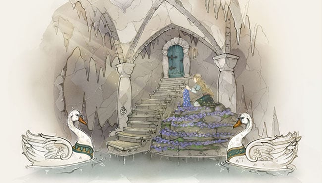 Illustratie van het interieur van het geheime slot van De zes Zwanen