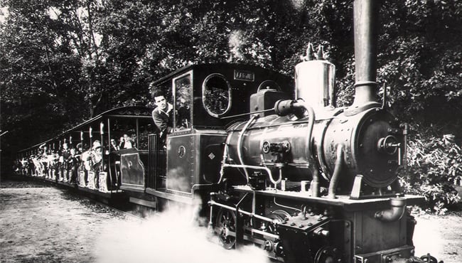 Stoomtrein Aagje tijdens een rit door het park.