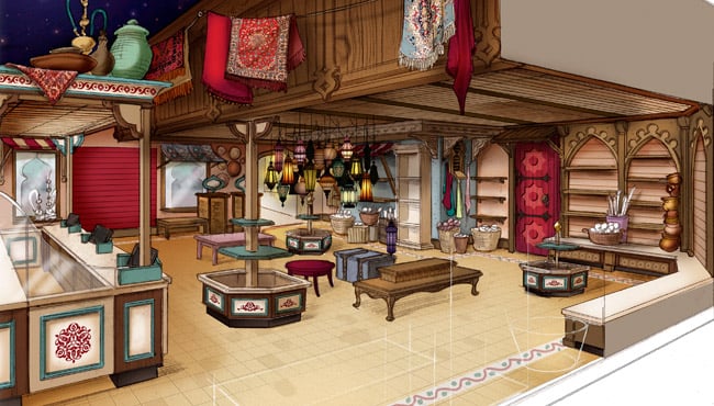 Schets van de vernieuwde Bazaar, souvenirwinkel in de Efteling.