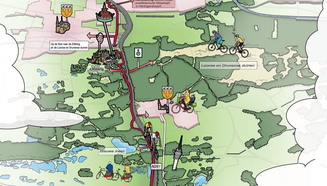 De locatie van de toekomstige fietstunnel en het verloop van de snelfietsroute en de Horst bij de Efteling.