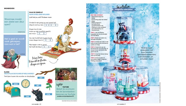 Twee pagina's uit de wintereditie van het magazine Wonder met content voor kinderen, zoals een knutsel.