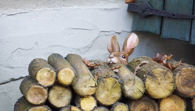 Een konijntje komt tevoorschijn achter een stapel brandhout in het Kabouterdorp in het Sprookjesbos.