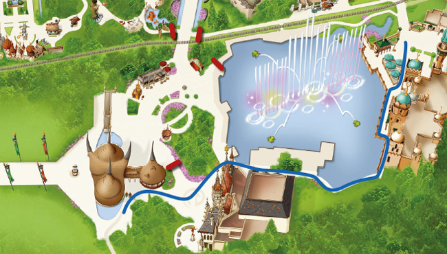 De blauwe lijn geeft de nieuwe looproute aan voor gasten van vakantieparken Loonsche Land en Bosrijk