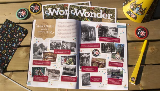 Overzicht pagina jubileum in de feestelijke editie van het Efteling-magazine Wonder