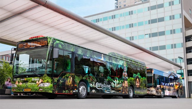 twee bussen van arriva bedrukt met efteling ontwerp