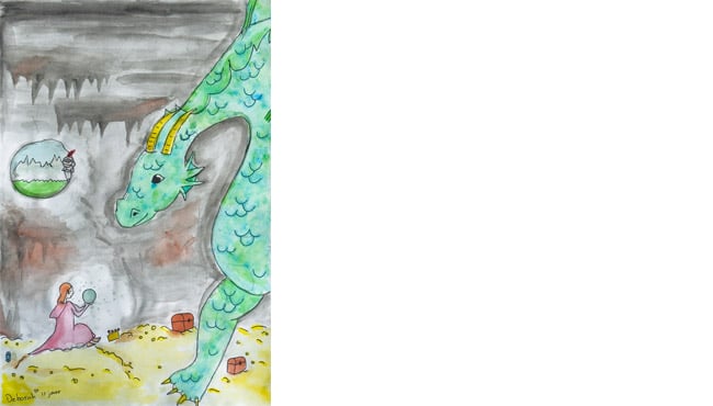 de tekening van de draak en het meisje met de glazen bol van debora