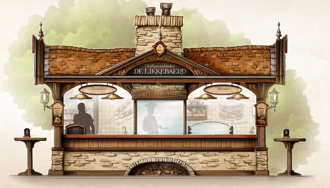 Eerste schets van de nieuwe horeca-locatie De Likkebaerd, gemaakt door Jeroen Verheij.