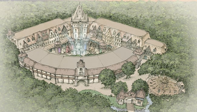Schets van het vernieuwde themagebied van Raveleijn in de Efteling.