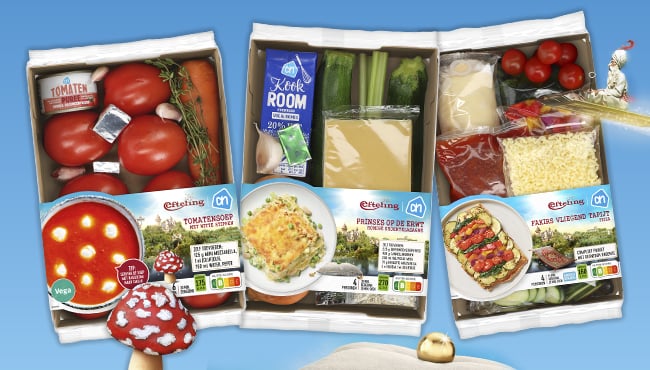 Drie verspakketten van Albert Heijn met Efteling-thema's.