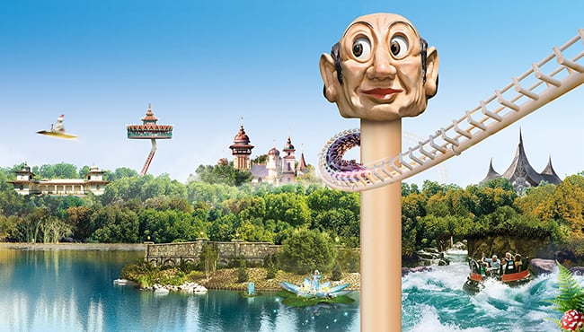 Afbeelding met verschillende elementen uit de Efteling, waaronder Langnek, het entreegebouw en de Python.