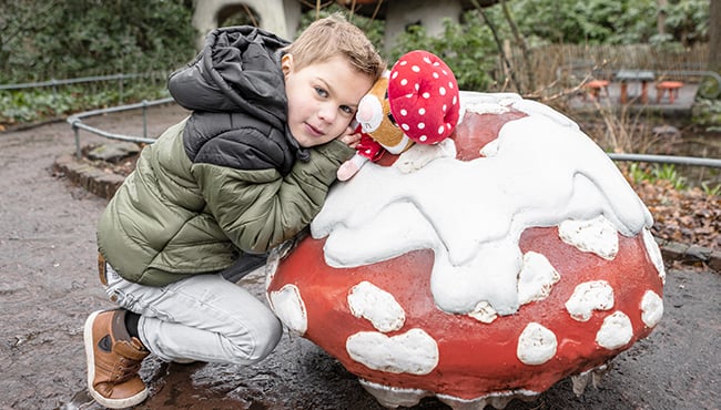 jongen bij paddenstoel met paddenstoel hamster knuffel