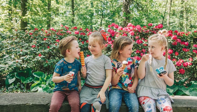 Vier kinderen eten een ijsje in de Efteling.