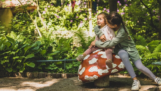 Meisjes zitten op een paddenstoel