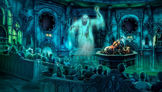 Keyvisual van de binnenkant van Efteling-attractie Danse Macabre.