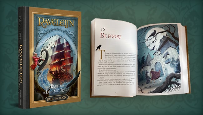 Beeld van de voorkant en de binnenkant van het boek genaamd Raveleijn, het bloed van de laatste draak.