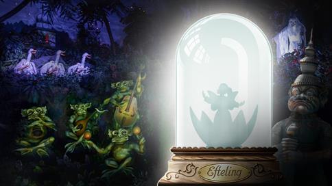 Visual van een glazen stolp met daarin een waterlelie uit het sprookje De Indische Waterlelies en op de achtergrond elementen uit het sprookje in het Efteling Park.