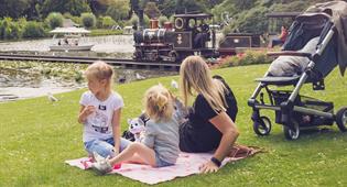 Familie geniet van een picknick  in de Efteling met uitzicht op de stoomtrein