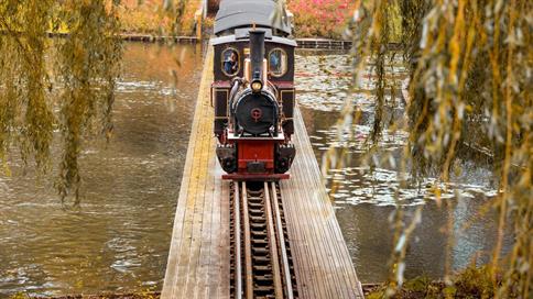 Stoomtrein rijdt op een brug over het water.
