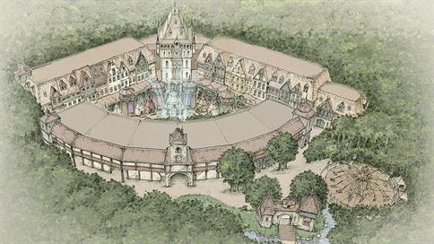 Schets van het vernieuwde themagebied Raveleijn in de Efteling.