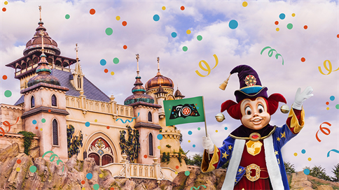 Pardoes voor Symbolica met confetti en 70 jaar Efteling vlaggetje