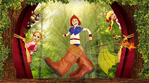 Keyvisual van de musical Sprookjesboom Gi Ga Gantisch met Klein Duimpje, Roodkapje, Draak, Wolf en Assepoester